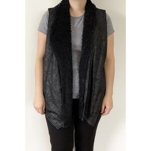 Women's Black Faux Leather Vest S Sleeveless Fur‎ Trim Casual Jacket